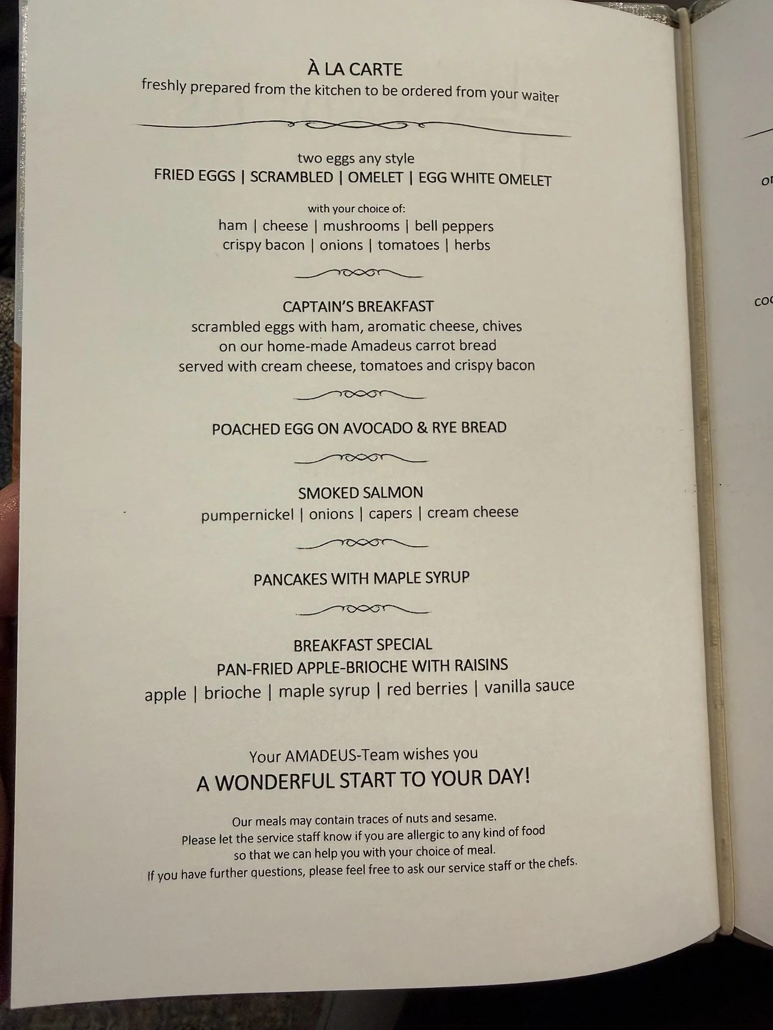 Amadeus Cara - A La Carte Breakfast Menu