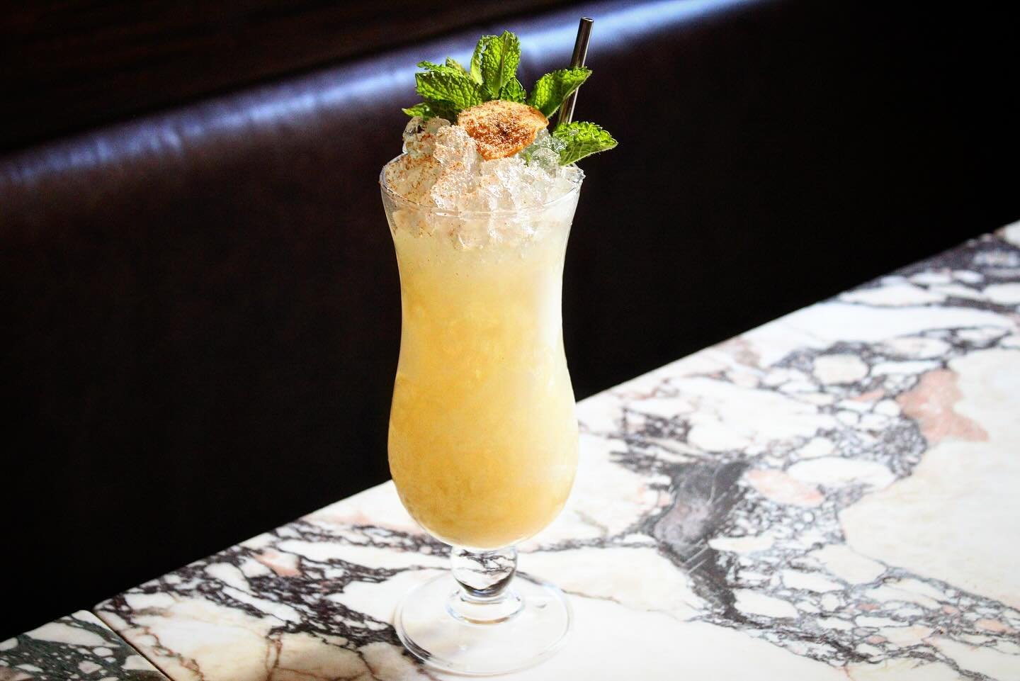 A delightful drink for the delightful weather! Come enjoy the second wave of summer in the back garden in Brooklyn. 

This is a Bananarama song turned tiki. 
Robert De Niro&rsquo;s Waiting:
Scotch, Dry Cura&ccedil;ao, lemon, roasted banana syrup, cho