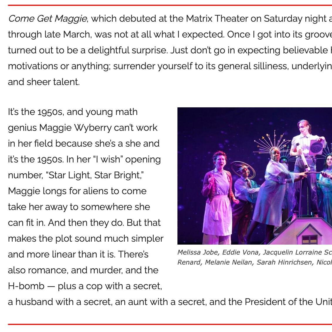 Lovely praise! Thank you @ethlieann &amp; @thehollywood.times 

Tickets now on sale at RogueMachine.Ludus.com 🛸👽🚀

#ComeGetMaggie #ComeGetMaggieMusical #musicaltheatre #musical #theatre #musicals #theater #dance #musicaltheater #singer #actor #act