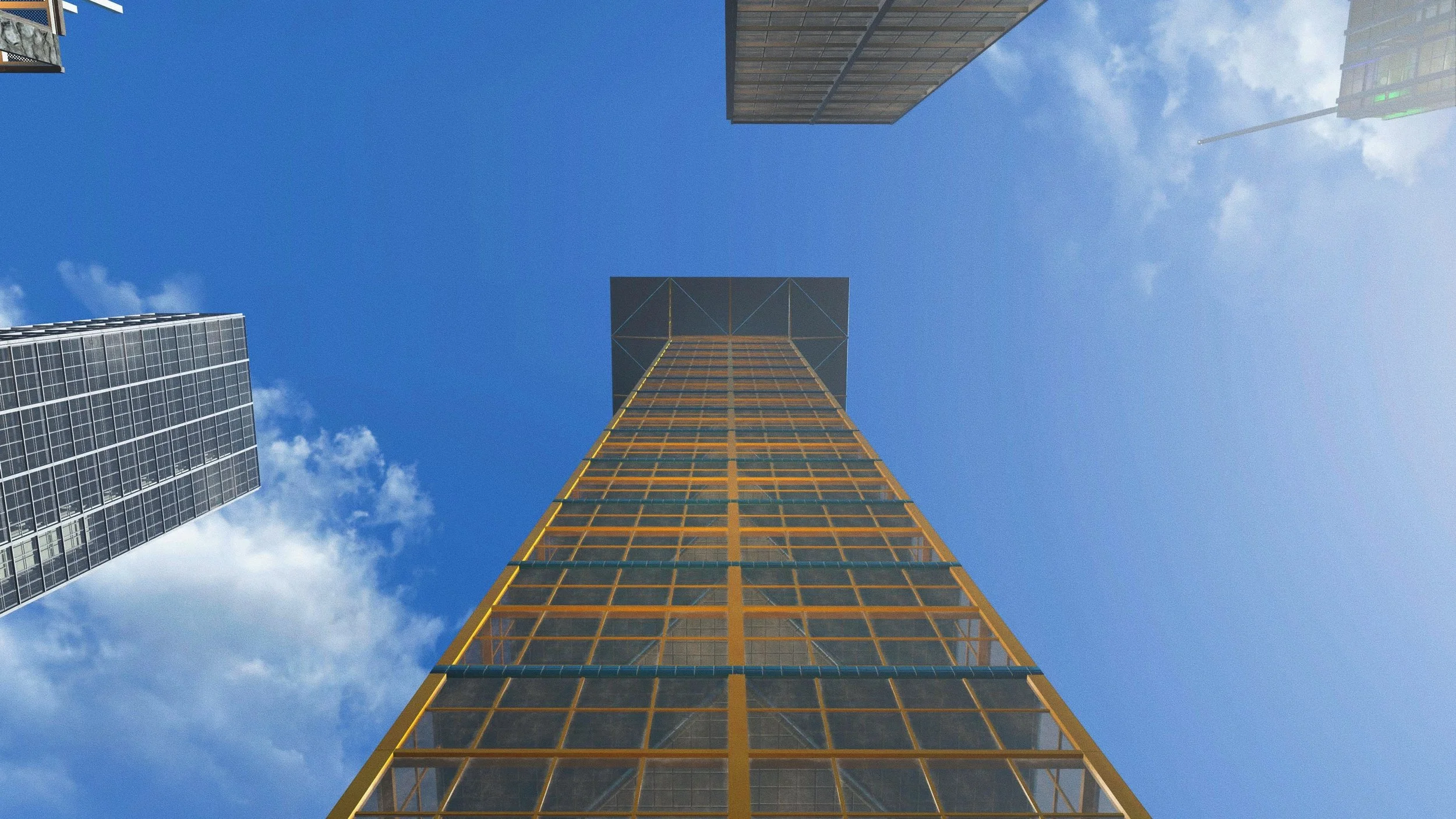 Street-level view looking straight up at skyscrapers against a blue sky with scattered clouds; a tall yellow glass-and-steel tower with blue and cream tile accents rises in the center.