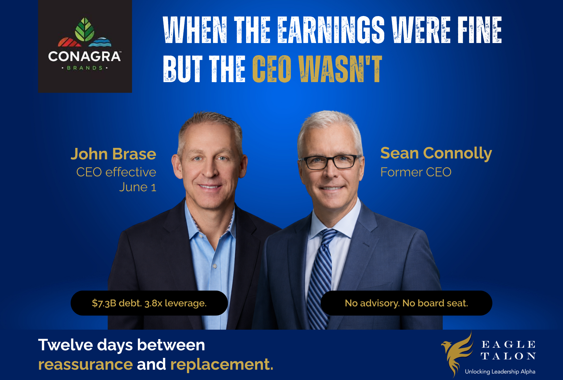 Twelve days. That's how long it took Conagra to go from "everything is on track" to replacing the CEO