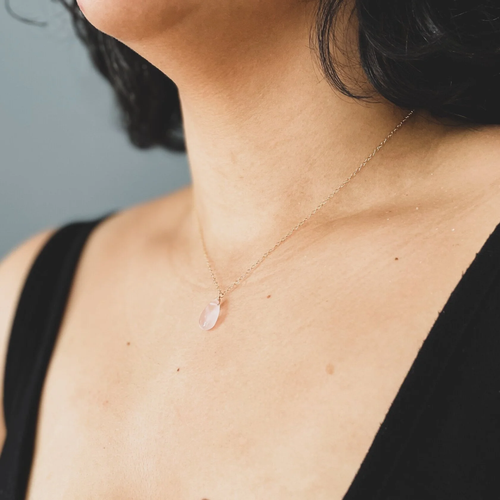 Rose Quartz Pear Droplet, Gold Chain