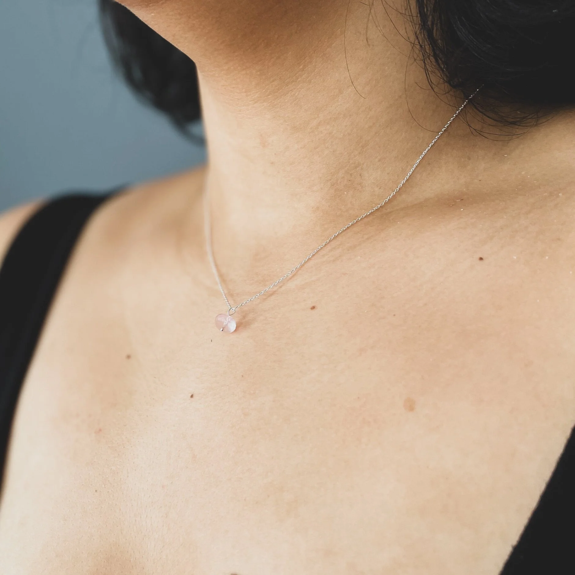 Rose Quartz Droplet, Silver Chain