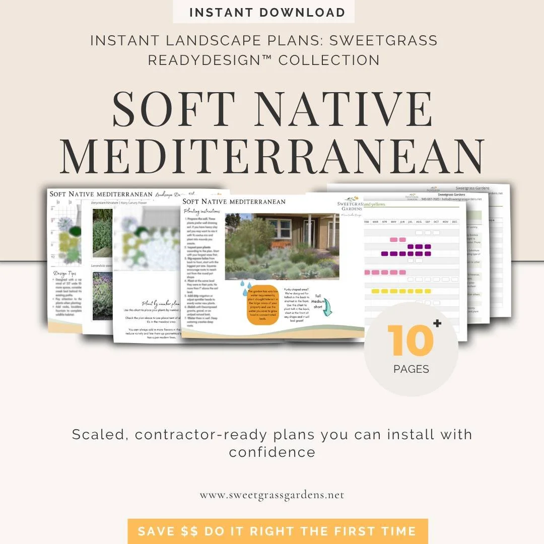 ✨🌿 Introducing ReadyDesign Plans by Sweetgrass Gardens 🌿✨

Beautiful, professional landscape designs &mdash; ready to download and plant.
Each ReadyDesign plan is thoughtfully crafted using California native, drought-tolerant, and Mediterranean pla