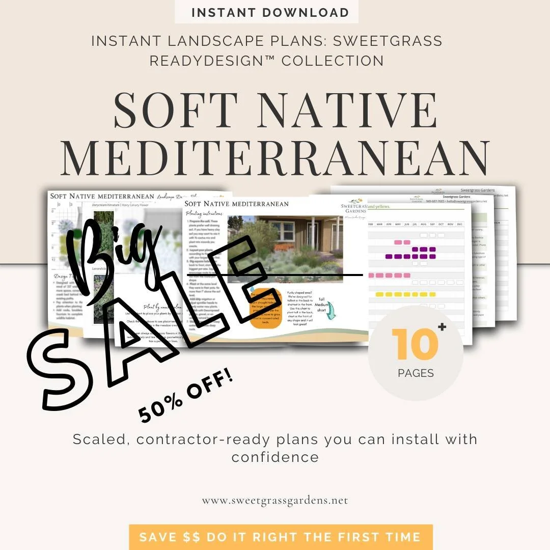 ✨ Black Friday Week: 50% OFF &mdash; On Sale through December 2nd! ✨
Transform your yard into a warm, sun-washed Mediterranean retreat with the Soft Native Mediterranean ReadyDesign&trade; Plan.
Think lavender tones, silvery greens, native blooms, an