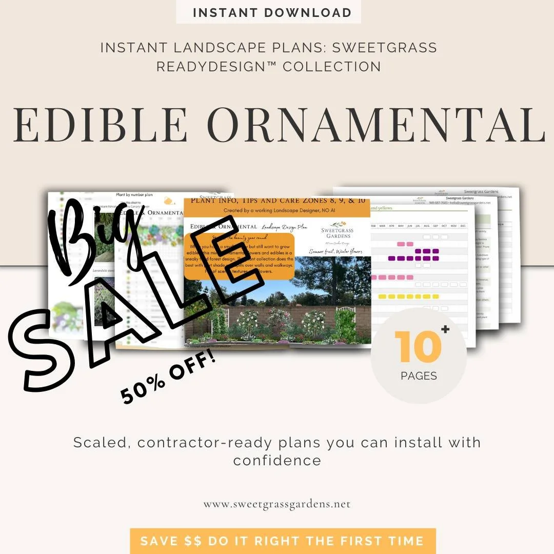 🍊 Black Friday Week: 50% OFF &mdash; On Sale through December 2nd! 🌿
Grow beauty and abundance with the Edible Ornamental Food Forest ReadyDesign&trade; Plan &mdash; a layered, low-water, climate-appropriate garden that blends fruit, herbs, pollina