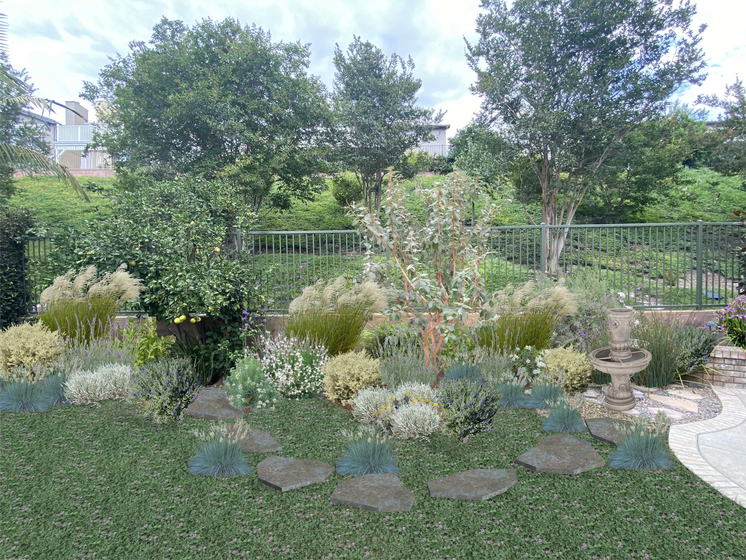 Low-water lawn & Tuscan style garden