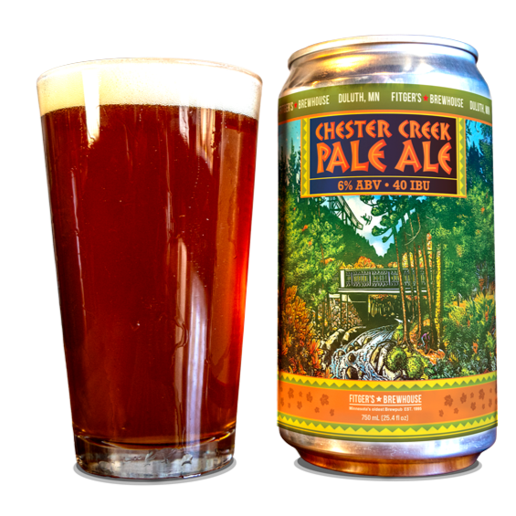 A pint of amber-colored pale ale with a frothy white head, next to a can of Chester Creek Pale Ale featuring a colorful illustration of a lush, wooded landscape with a bridge and waterfall.