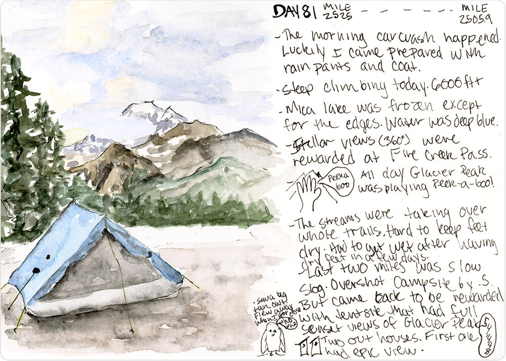 Watercolor Journal Containing Tent and Montain
