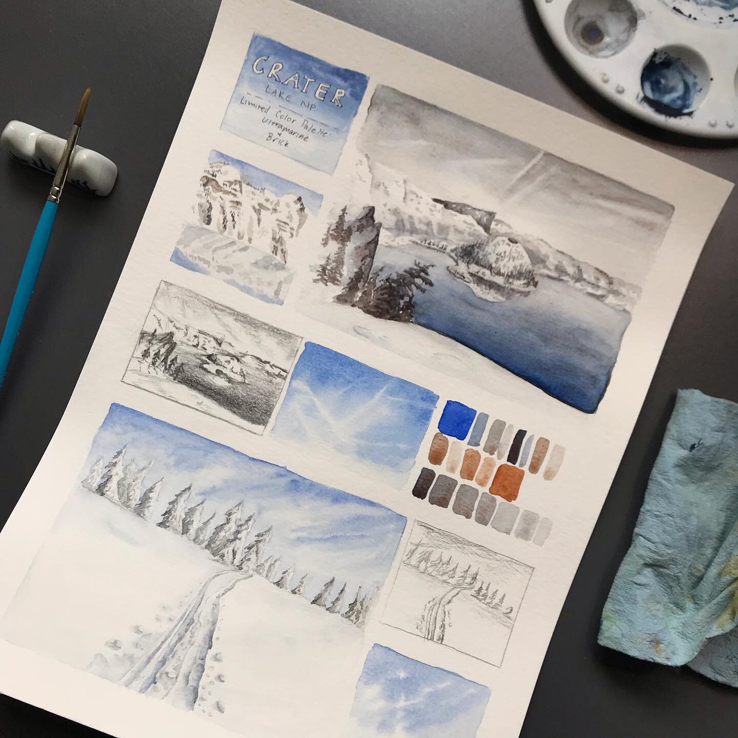 Watercolor studies from a snowy @craterlakenps. I love to work with a limited color palette. These snowy scenes were great for using my hand mulled ultramarine and brick watercolor paints.

#watercolors #watercolorpainting #landscapepainting #iloveth