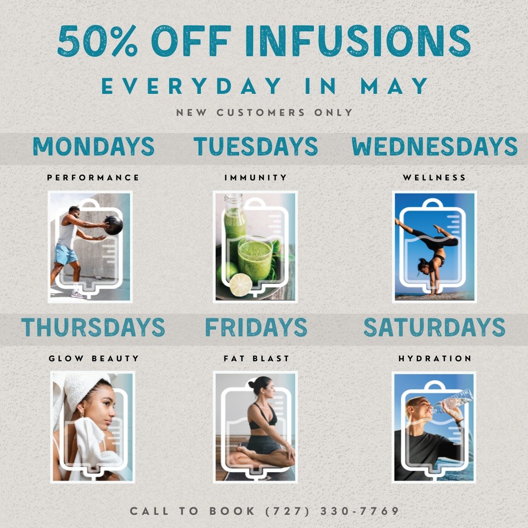 May Special for new customers at Enhanced Body! 🌟 Kickstart your wellness journey with 50% off infusions! Each day offers a unique blend to meet your needs:

Mondays: Performance Infusion 🏃
Tuesdays: Immunity Infusion 💪
Wednesdays: Wellness Infusi