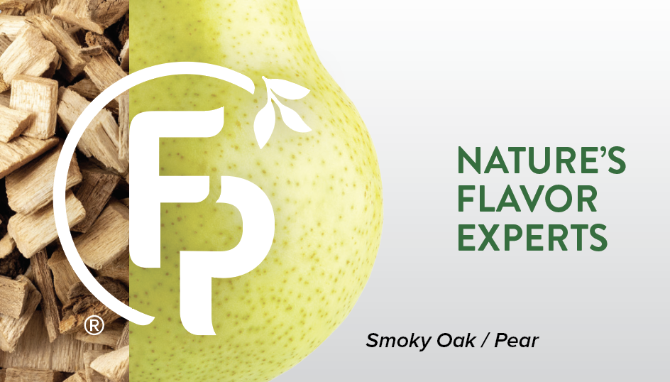 Flavor Producers business card with a smoky oak-and-pear split fruit graphic from the brand visual system.