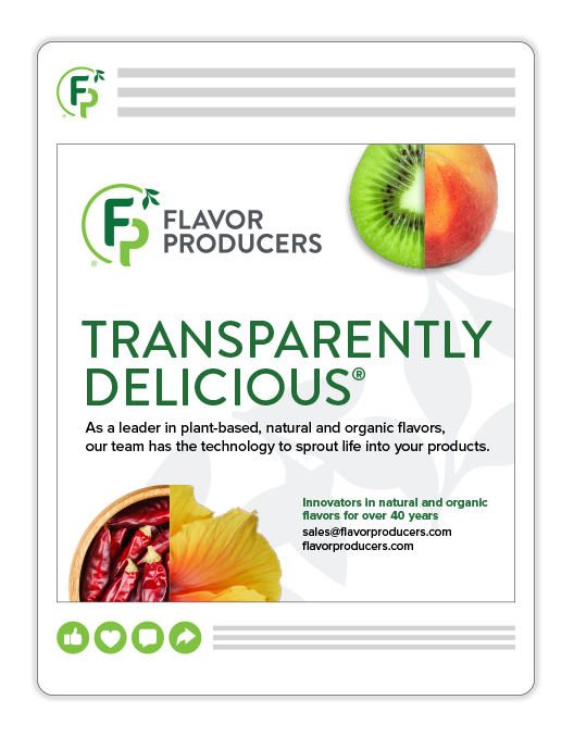 Social media graphic promoting Flavor Producers brand with ‘Transparently Delicious’ tagline and ingredient-inspired visuals.