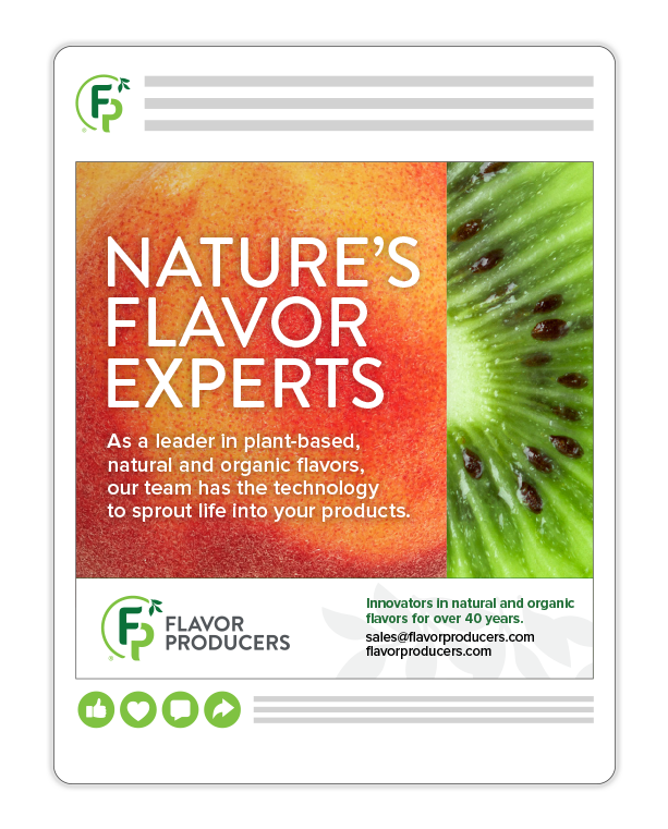 Social media post highlighting Flavor Producers fruit flavors with colorful fruit imagery.