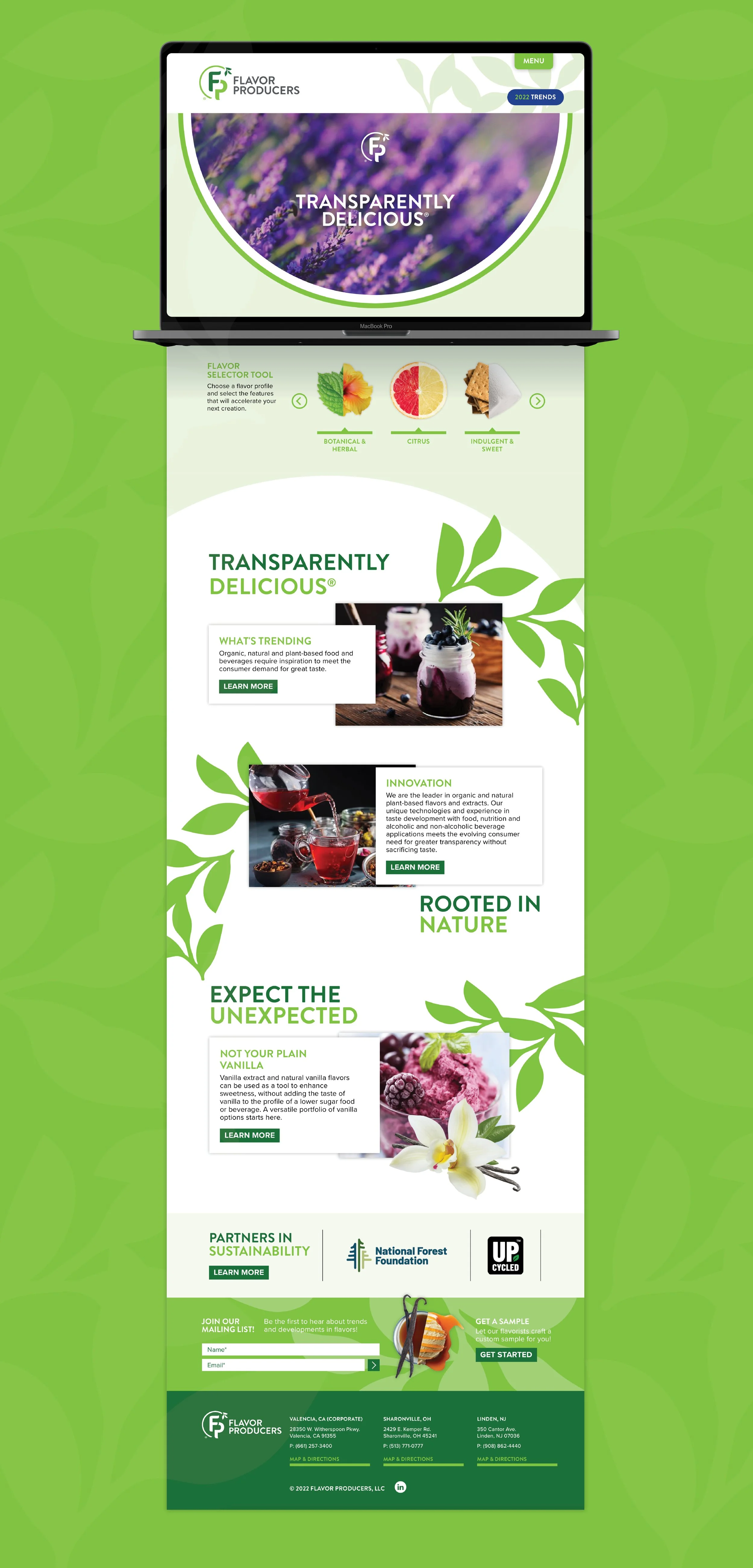 Complete homepage design showing layout, navigation, and featured brand visuals for Flavor Producers.