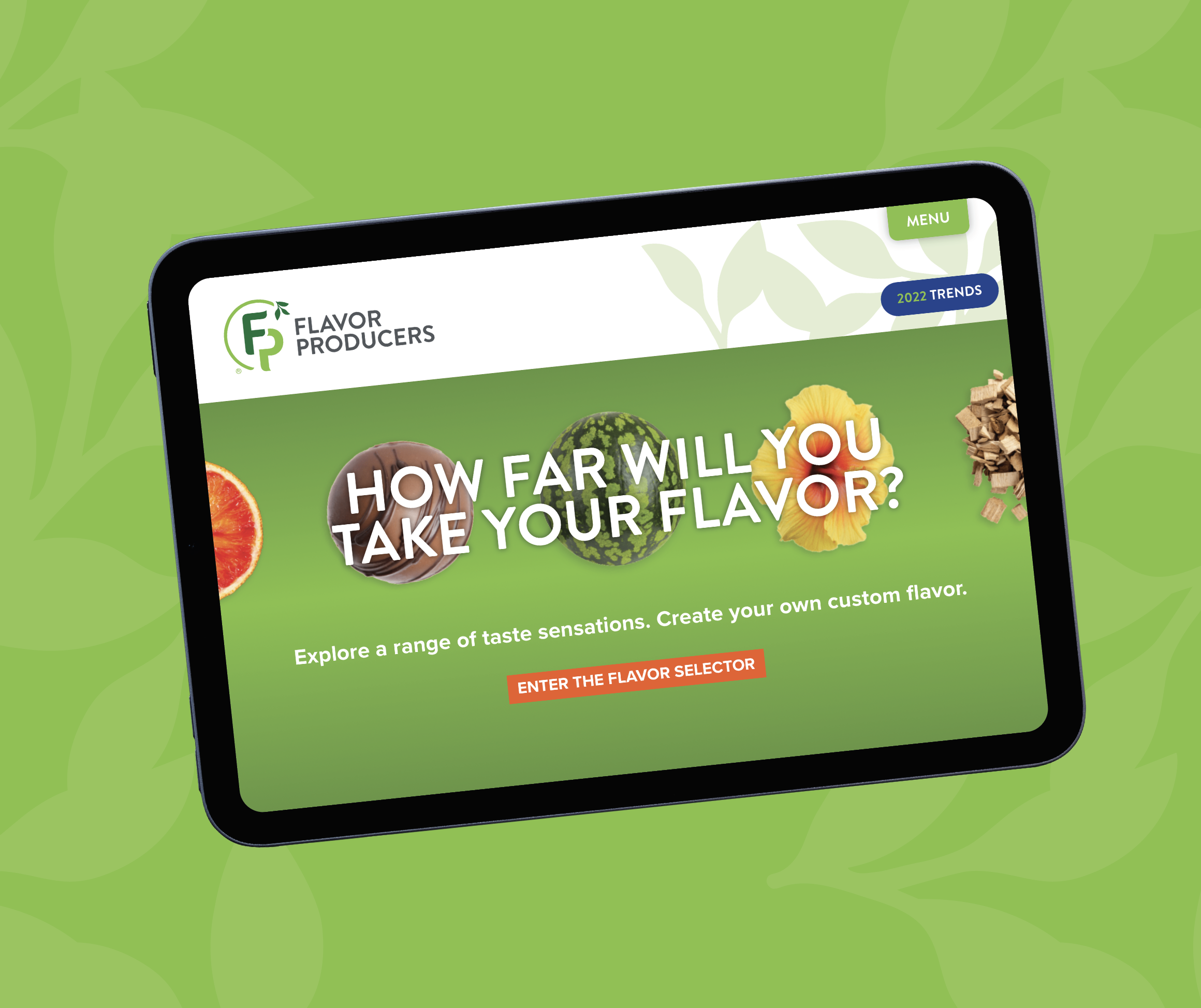 iPad displaying the Flavor Producers website with a custom flavor selector tool for exploring ingredients