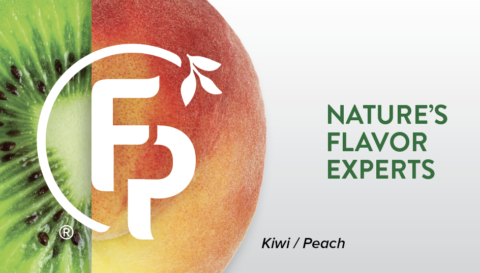 Flavor Producers - Business card design with a peach and kiwi split graphic representing blended fruit flavors.