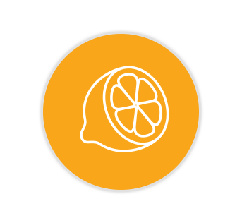 Minimal citrus icon representing fruit flavor in the brand visual system.
