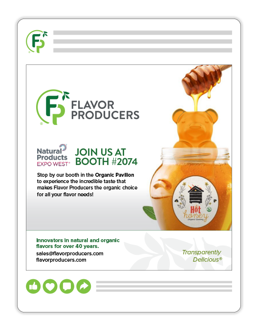 Graphic announcing Flavor Producers at an upcoming tradeshow with branded visuals and event information.