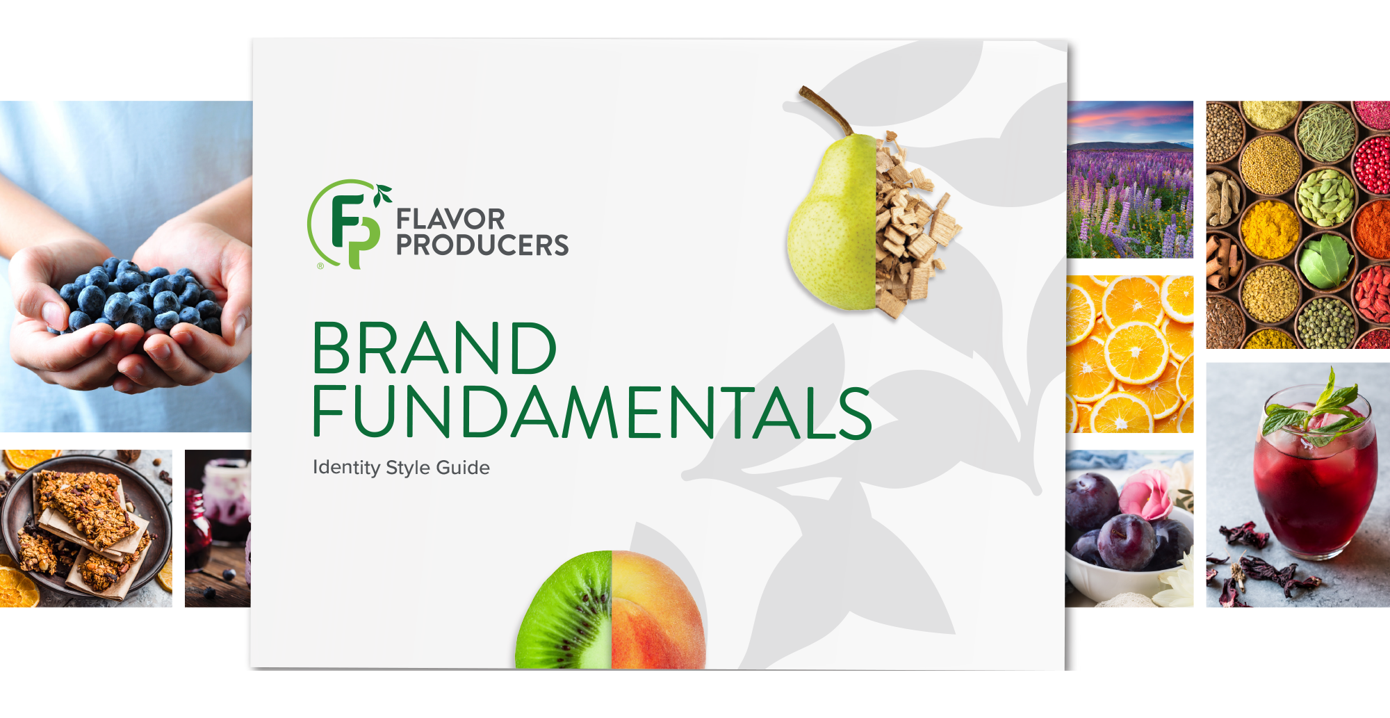 Brand guide showcasing Flavor Producers visual identity, including logos, color palette, typography, and ingredient photography.
