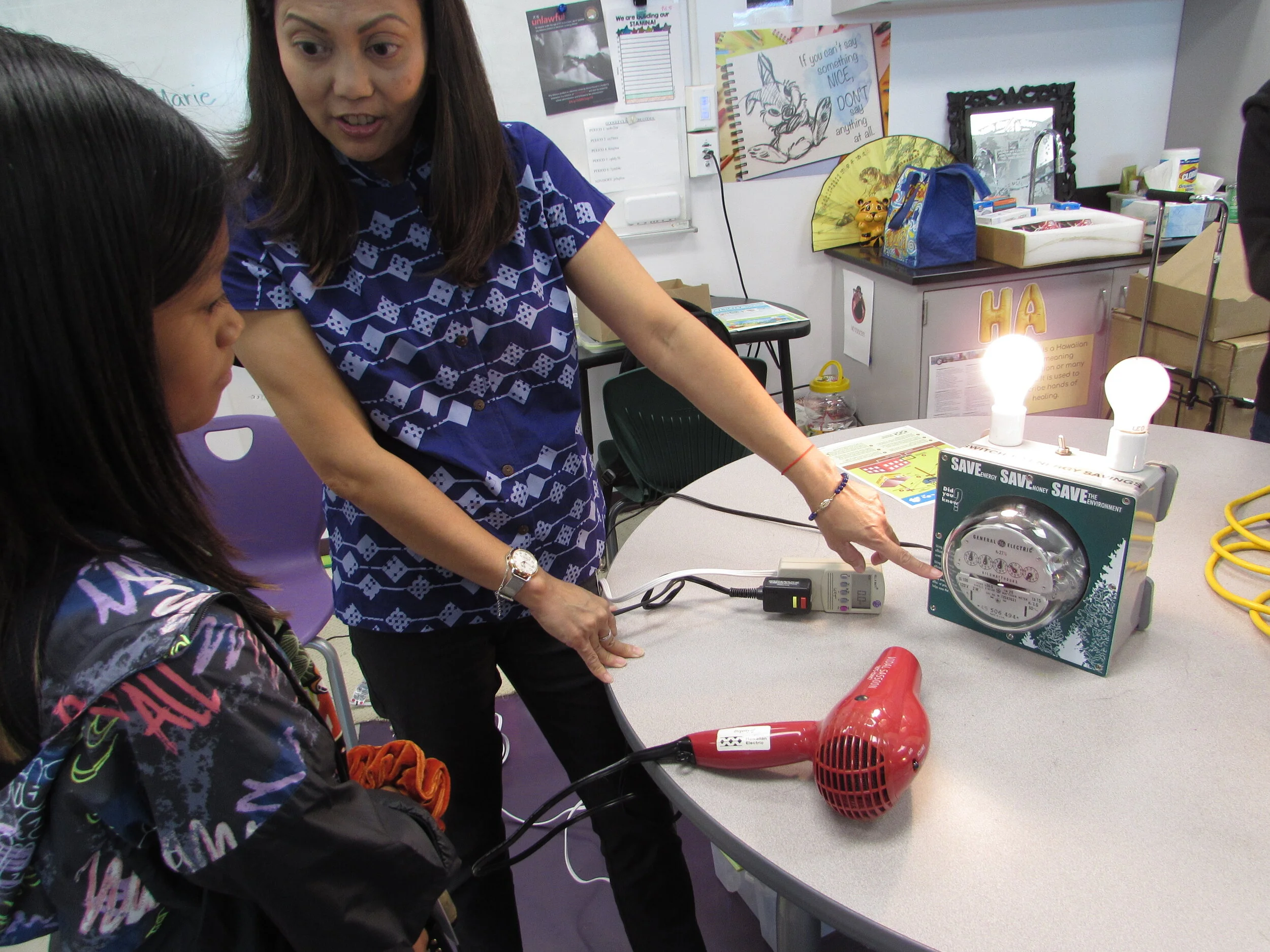 A guest demonstrating electricity usage of a lightbulb and hairdryer