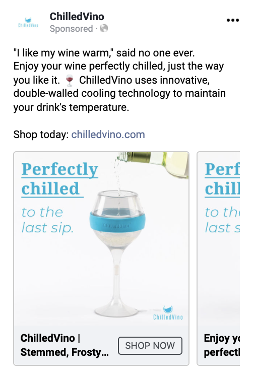 The problem:
Want to enjoy chilled wine, but it gets warm quickly in regular glassware.
The solution:
Copy emphasizes the double-walled cooling technology in CV drinkware. Used the trend of "... said no one ever" to capture audience attention.