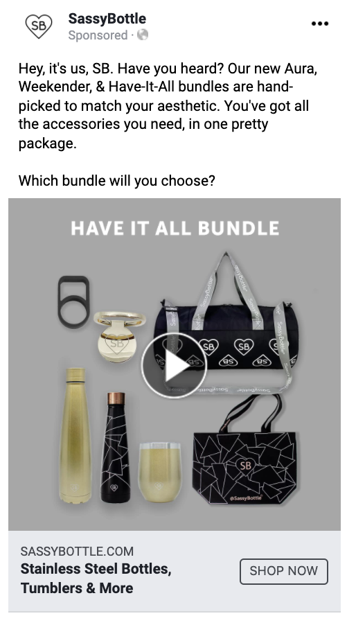 The problem:
This was a retargeting campaign, for users who engaged with/clicked on past ads, but hadn't completed a purchase.
The solution:
Copy shows users they can get the products they've been eyeing in bundles that save them a few dollars. Pla