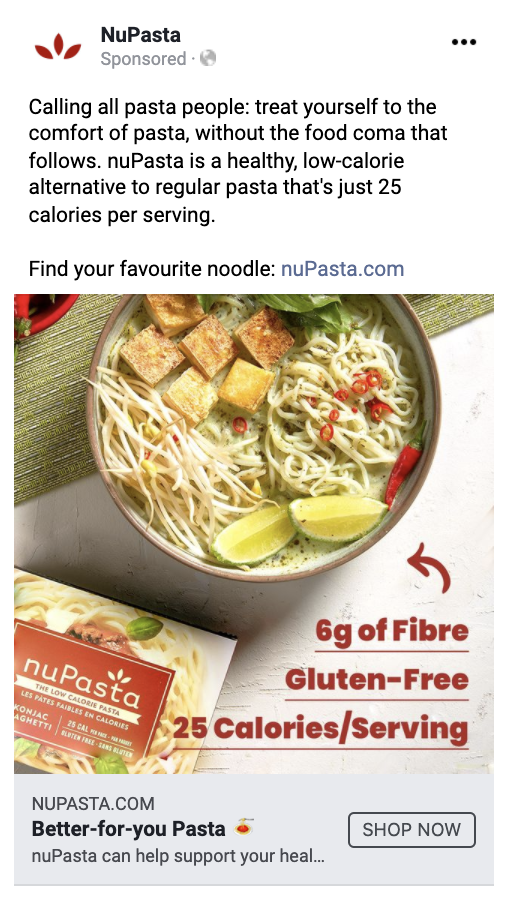 The problem:
Pasta is a comfort food, but can be heavy.
The solution:
Copy highlights that NuPasta has lighter, low-calorie servings.