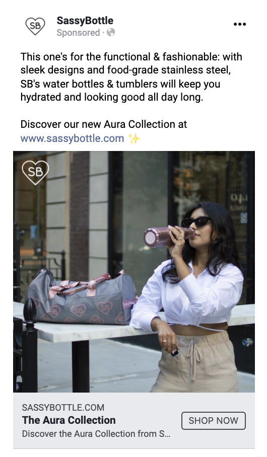 The problem:
Water bottle designs are boring and dull.
The solution:
Copy uses an alliteration with the words "functional and fashionable", highlighting its practicality and its ability to be a fashion accessory.
I wrote copy for this campaign and