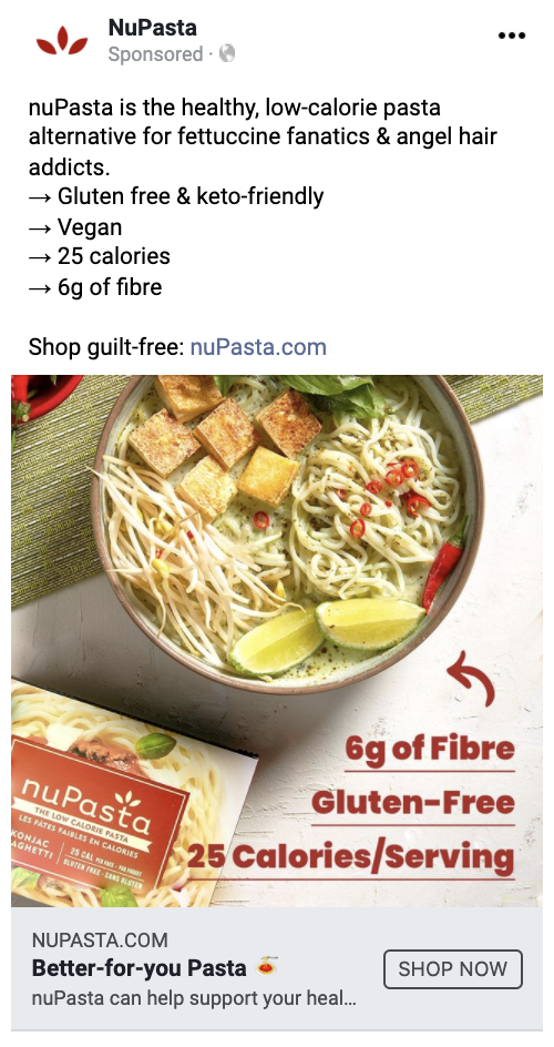 The problem:
Regular pasta can be unhealthy.
The solution:
Copy highlights all the benefits of NuPasta. Plays with alliteration through "fettucine fanatics" and "angel hair addicts".