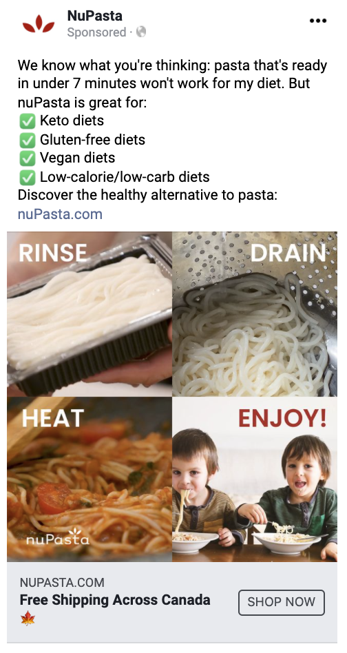 The problem:
Other "healthy" pasta typically takes long to cook and doesn't work for all diets.
The solution:
Copy highlights the quick cook time of NuPasta and uses emojis to highlight the many diets that NuPasta works for.
