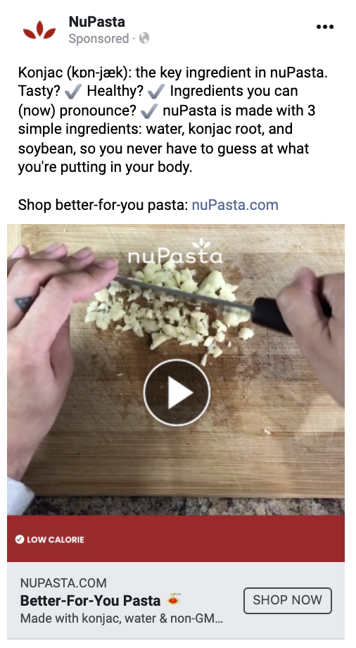The problem:
Other "healthy" pasta has a long lists of unfamiliar ingredients.
The solution:
Copy spells out and describes the only ingredient in NuPasta that might be unfamiliar to consumers.