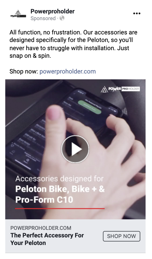 The problem:
Other Peloton accessories require complex installation.
The solution:
PowerProHolder accessories are easy-to-install, and the copy captures this through plays on words: "all function, no frustration" and "snap and spin".