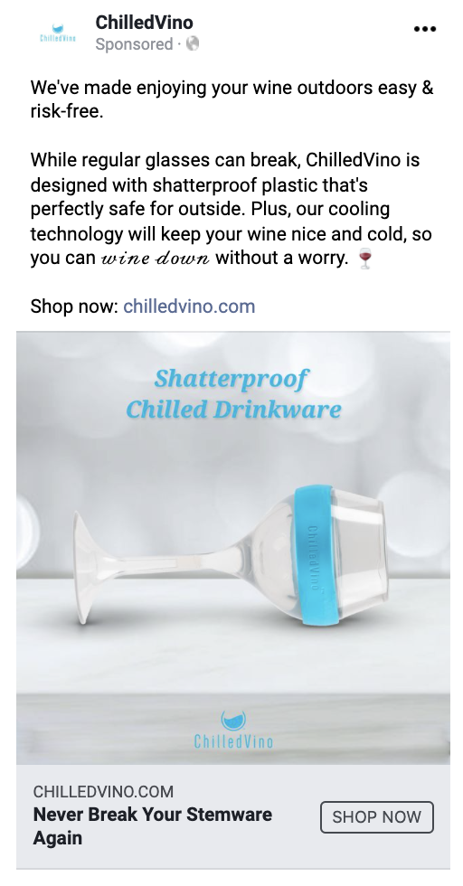 The problem:
Want to enjoy wine outdoors, but typical glassware can break easily.
The solution:
Copy highlights the shatterproof material of the CV drinkware, with the added feature of cooling technology to keep wine chilled on hot days outdoors. P