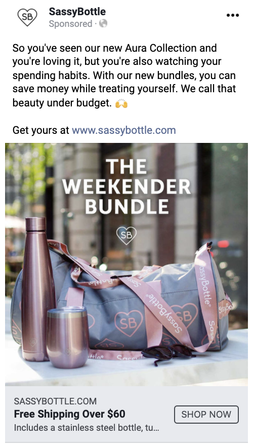 The problem:
This was a retargeting campaign, for users who engaged with/clicked on past ads, but hadn't completed a purchase.
The solution:
Copy shows users they can get the products they've been eyeing in bundles that save them money. Wanted to c