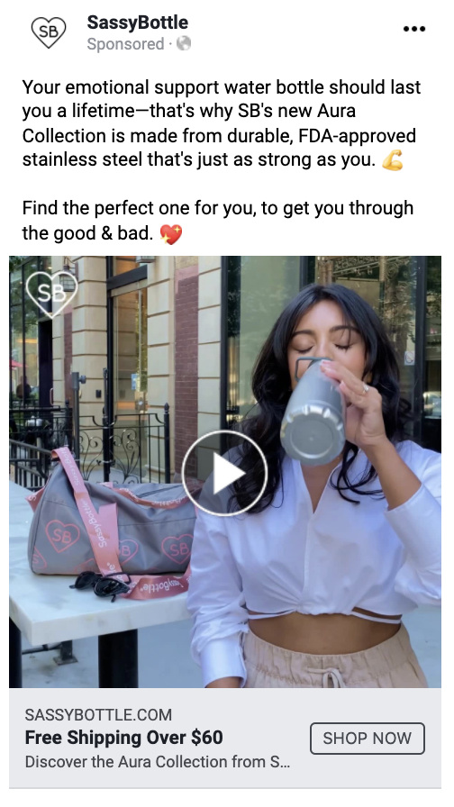 The problem:
Want a reusable water bottle, but glass ones are easy to break.
The solution:
Copy plays on a trend at the time: "emotional support water bottles", and emphasizes that the material of the water bottle is strong enough to last through g