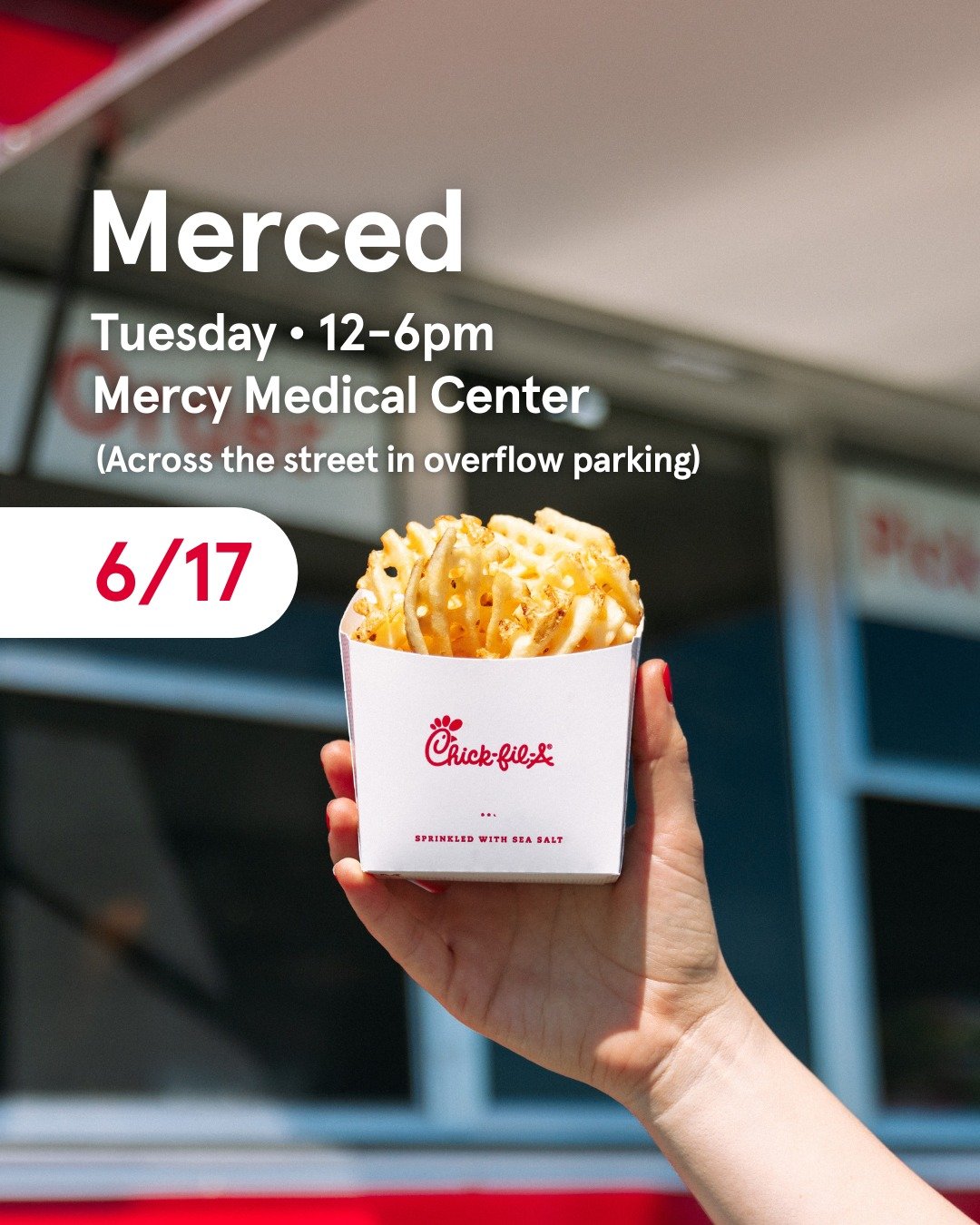 Let's kick off summer together, Merced ☀️. We're looking forward to serving your favorites, including our fresh salads, juicy nuggets, signature sandwiches, and our crispy waffle fries. 

TUESDAY &bull; 6/17 | 12pm - 6pm
Dignity Health - Mercy Medica