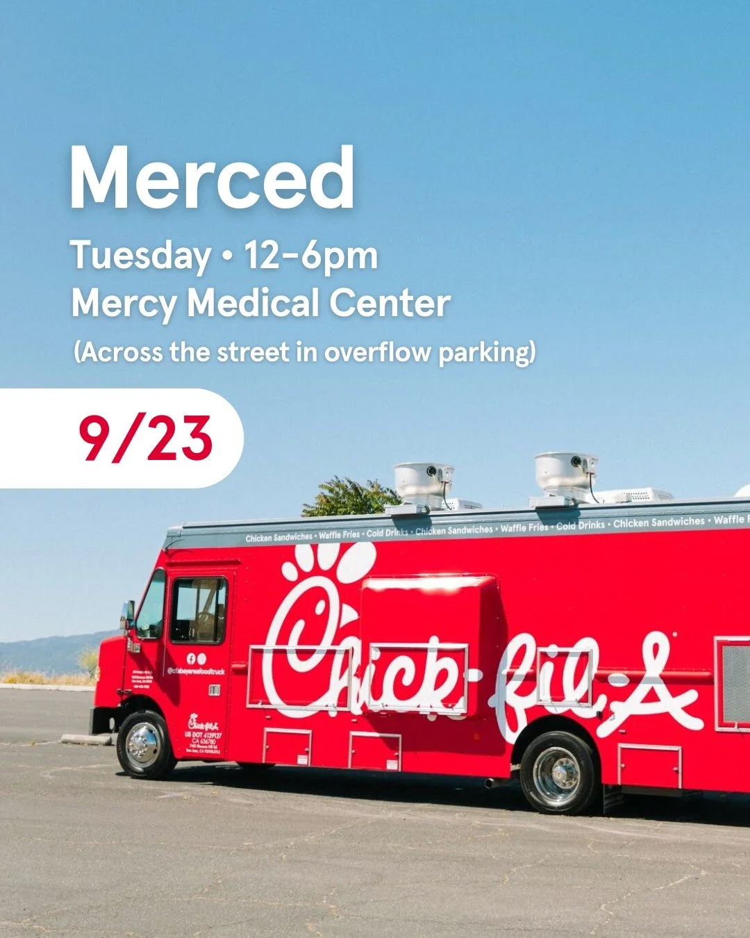 Looking forward to being back in Merced Tuesday! Tag your friends and we'll see you there. 
...
TUESDAY &bull; 9/23 | 12pm - 6pm
Dignity Health - Mercy Medical Center
*Time is as listed or until sold-out*

📍FIND US in the overflow parking lot across