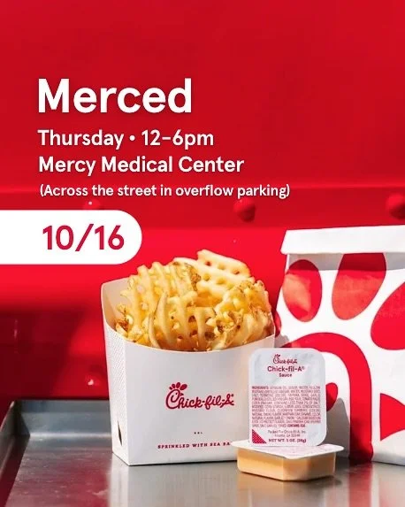 Different day, same place, Merced 😉
...
THURSDAY • 10/16 | 12pm - 6pm
Dignity Health - Mercy Medical Center
*Time is as listed or until sold-out*
📍FIND US in the overflow parking lot across from the Mercy Medical Pavilion. Driving entrance is