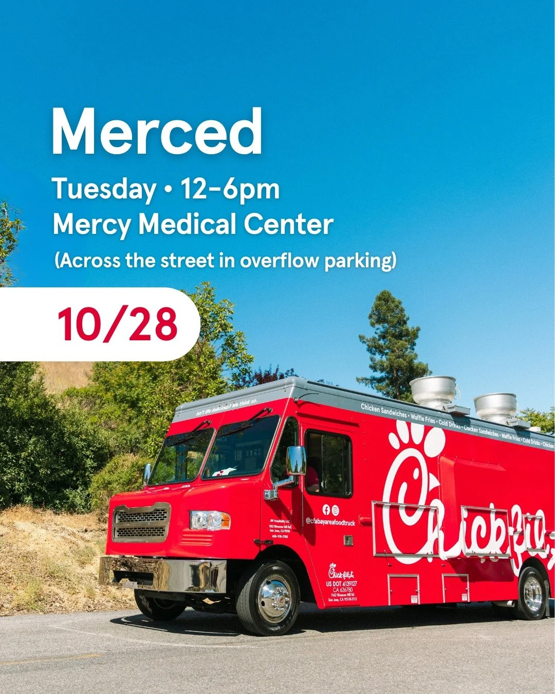 Rolling into Merced this Tuesday, to serve the Original Chicken Sandwich, Waffle Fries, crispy Nuggets, and more. 

TUESDAY &bull; 10/28 | 12pm - 6pm
Dignity Health - Mercy Medical Center
*Time is as listed or until sold-out*
...
📱Don&rsquo;t forget