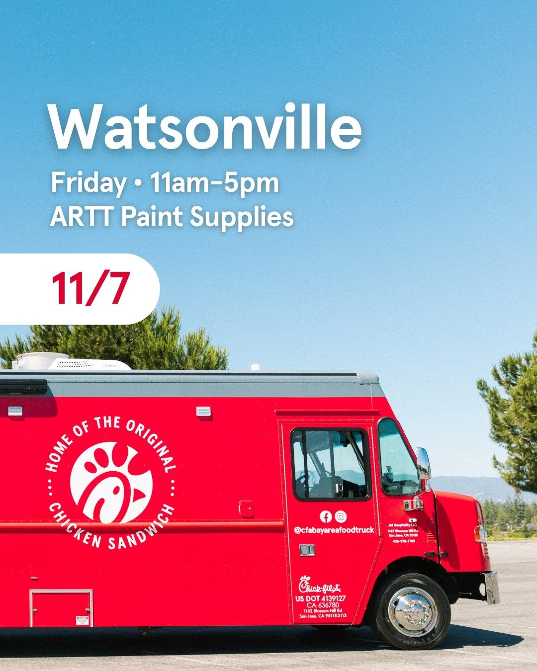 Are you hungry, Watsonville? We're happy to be back with you! 
...
Friday &bull; 11/7 | 11am - 5pm
ARTT Paint Supplies
240 Airport Blvd, Freedom, CA 95019
