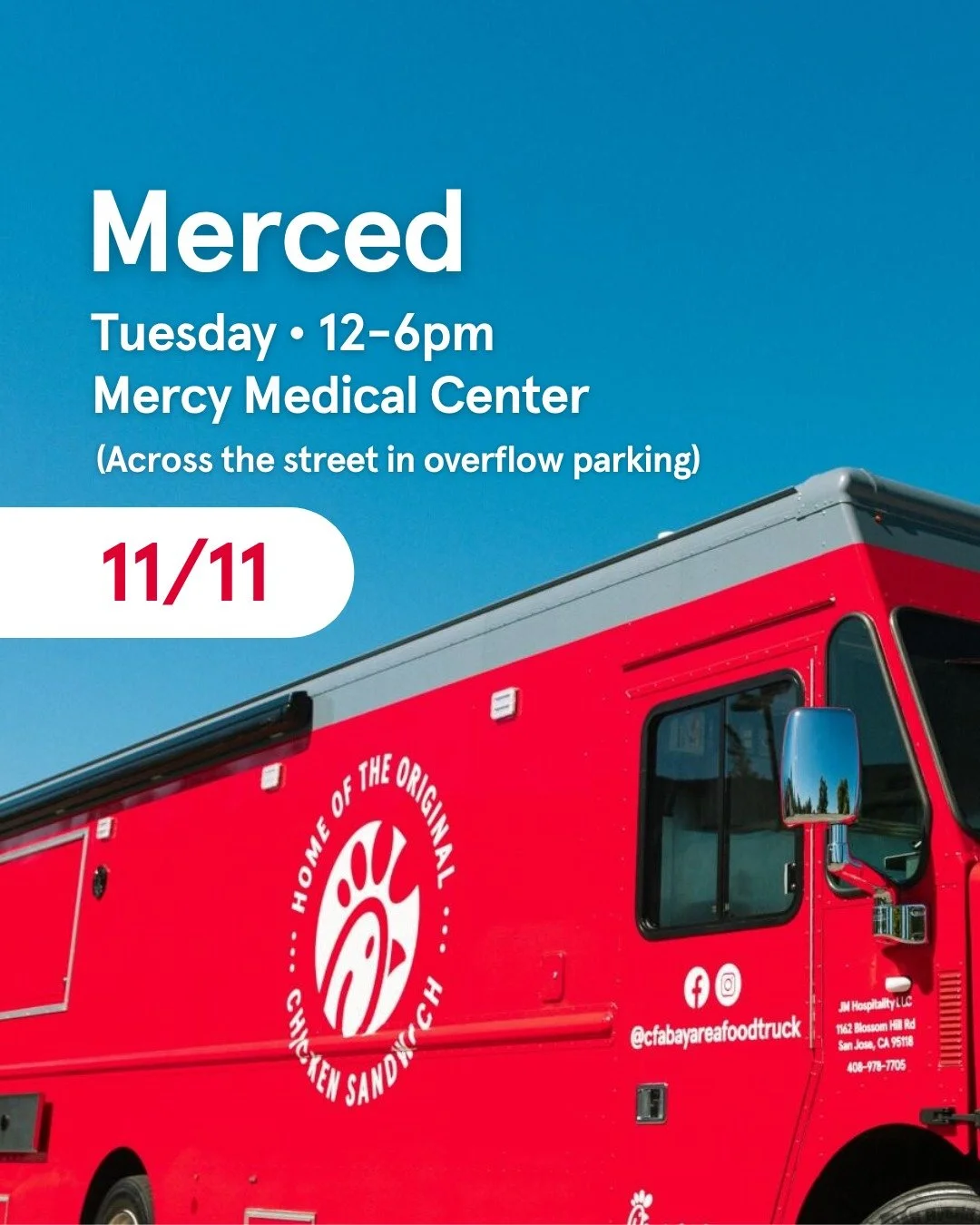 Happy to be back in Merced this Tuesday. What's your favorite order? 🤗
...
TUESDAY &bull; 11/11 | 12pm - 6pm
Dignity Health - Mercy Medical Center
*Time is as listed or until sold-out*

Don&rsquo;t forget to download the Chick-fil-A App before you s