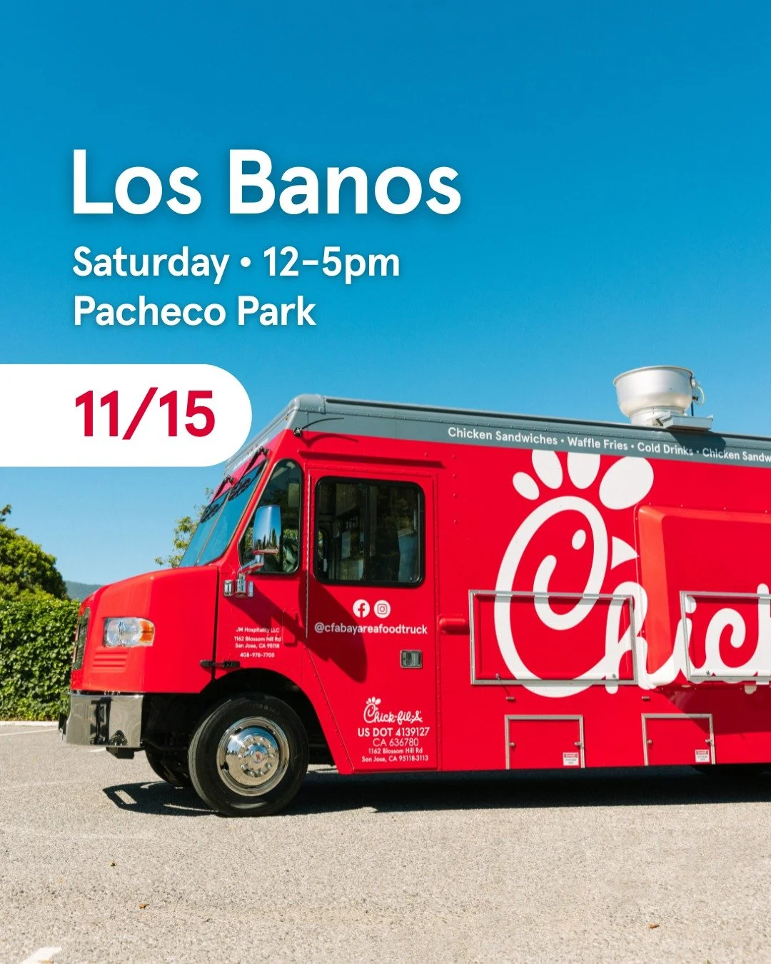 We're excited to serve you, Los Banos! &hearts; Join us at Pacheco Park this Saturday. We'll be serving our Original Chicken Sandwich, Spicy Chicken Sandwich, Nuggets, Waffle Fries, salads, and more. Time is as listed or until sold-out. 
...
Saturday