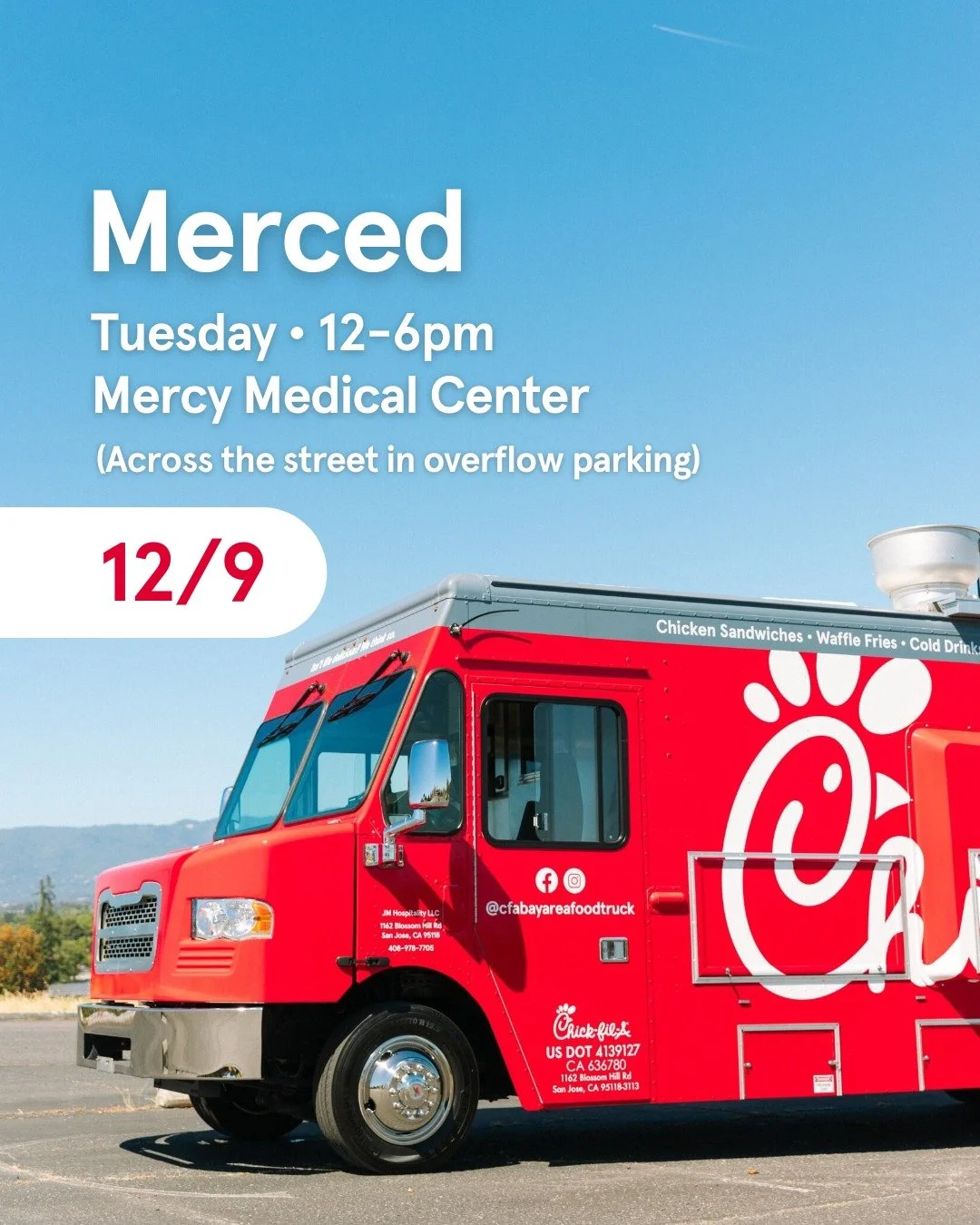Looking forward to another Tuesday in Merced 🤗
...
TUESDAY &bull; 12/9 | 12pm - 6pm
Dignity Health - Mercy Medical Center
*Time is as listed or until sold-out*

Don&rsquo;t forget to download the Chick-fil-A App before you stop by. Scan your App at 
