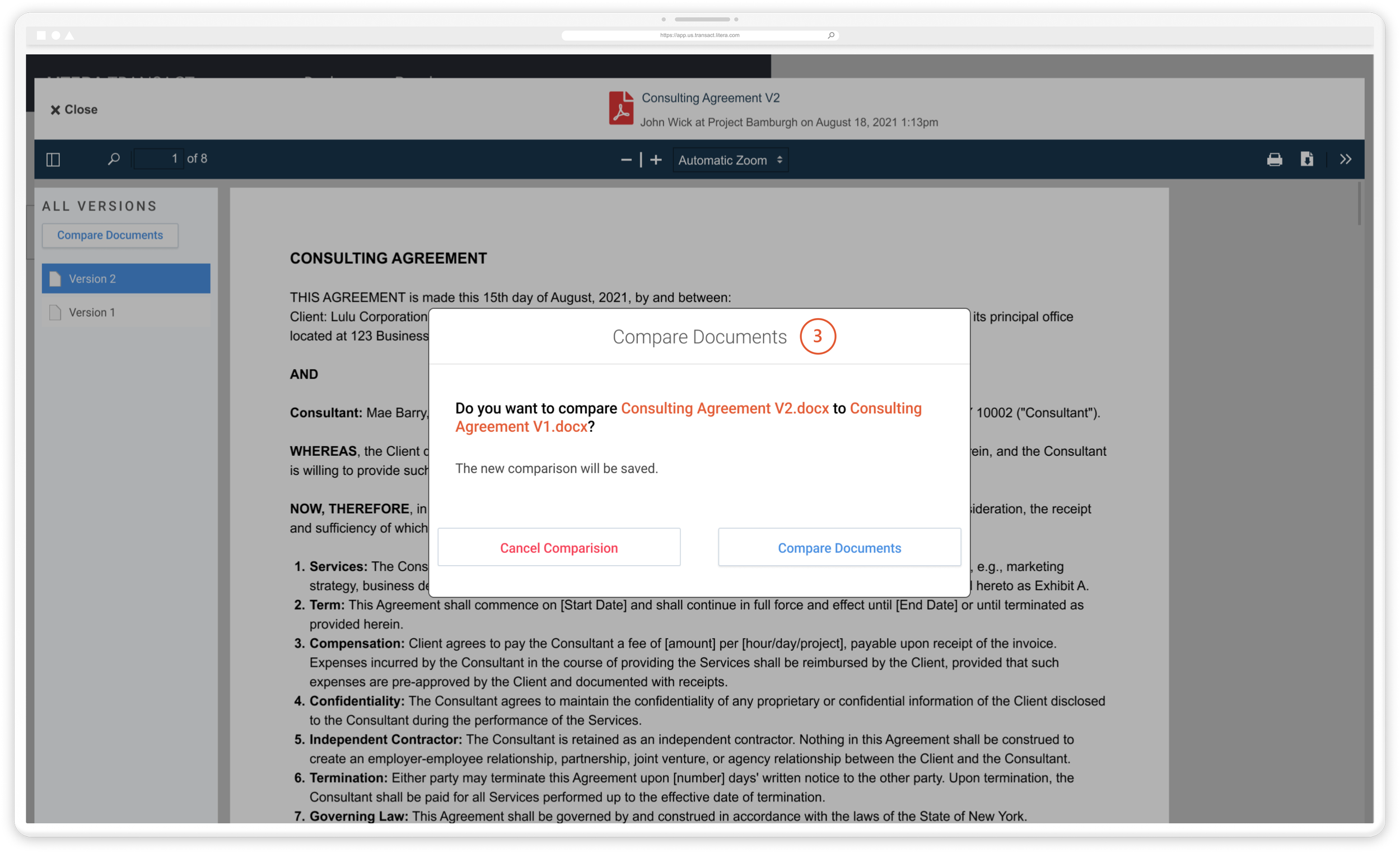 3. This feature only let a user compare their most recent document to the immediate previously uploaded one.