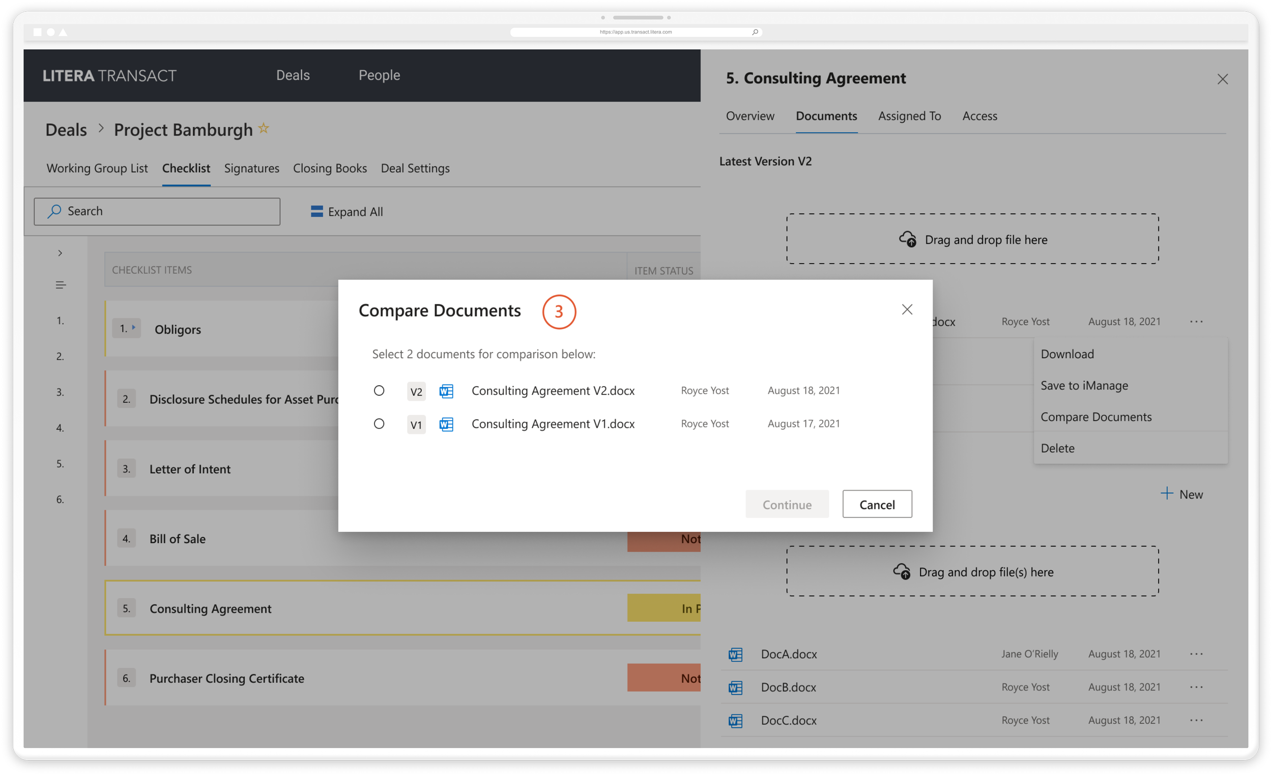 3. This modal is aligned with Fluent UI’s patterns and specifies only 2 documents can be compared at a time