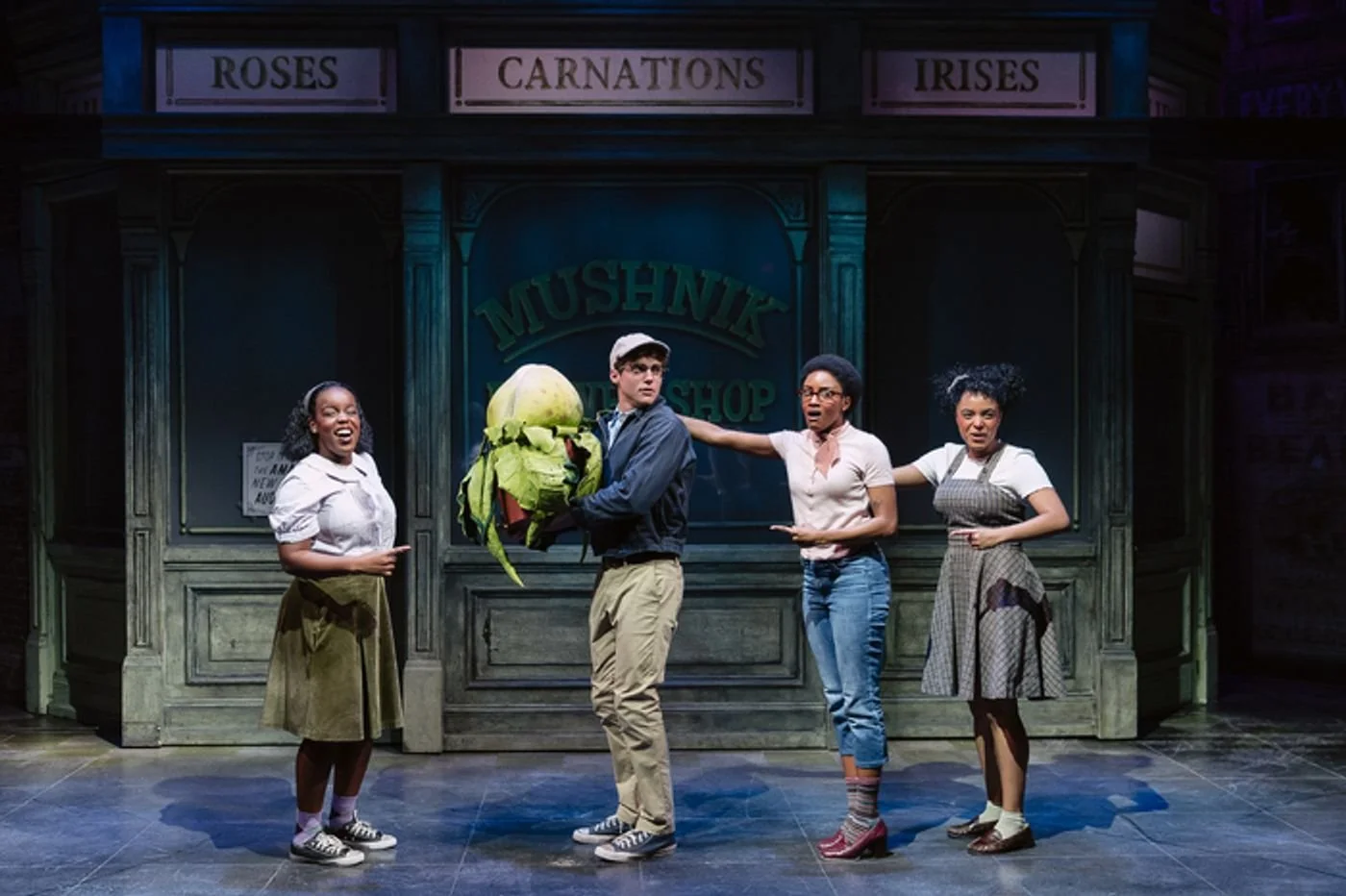 Production photo of the Off-Broadway 2025 company of Little Shop of Horrors featuring Joshua Bassett. Photo by Michaelah Reynolds