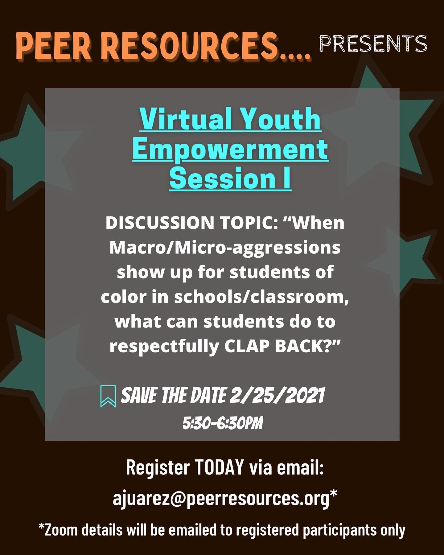 Happy Thursday Everyone ☀️😃!!!
&mdash;&mdash;
Today our Youth Council will be hosting this Virtual Youth Empowerment Session to discuss microaggressions. Please join us! If you are interested in joining please email: ajuarez@peerresources.org to reg