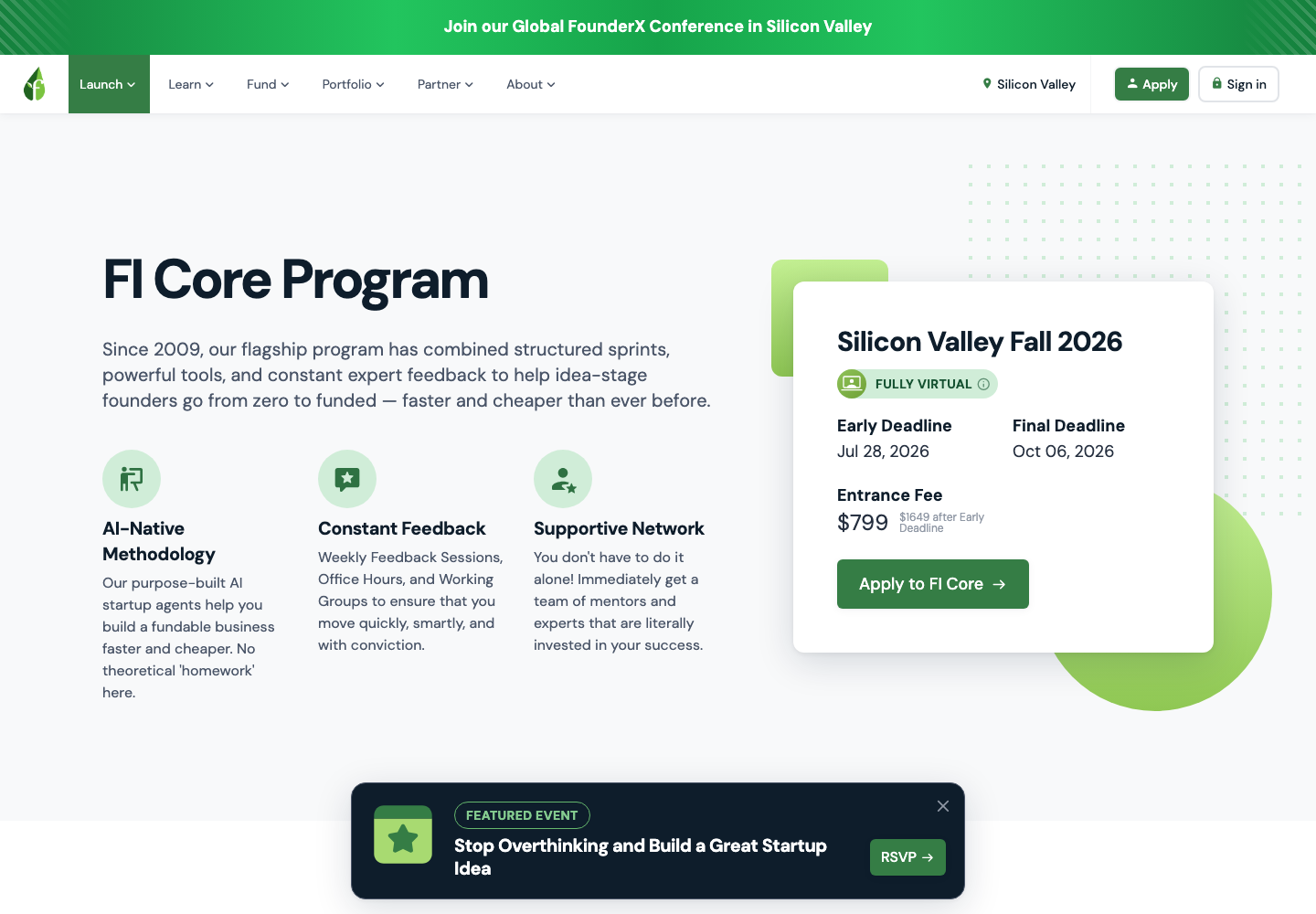 Founder Institute Core program page describing weekly growth sprints with mentors and investors