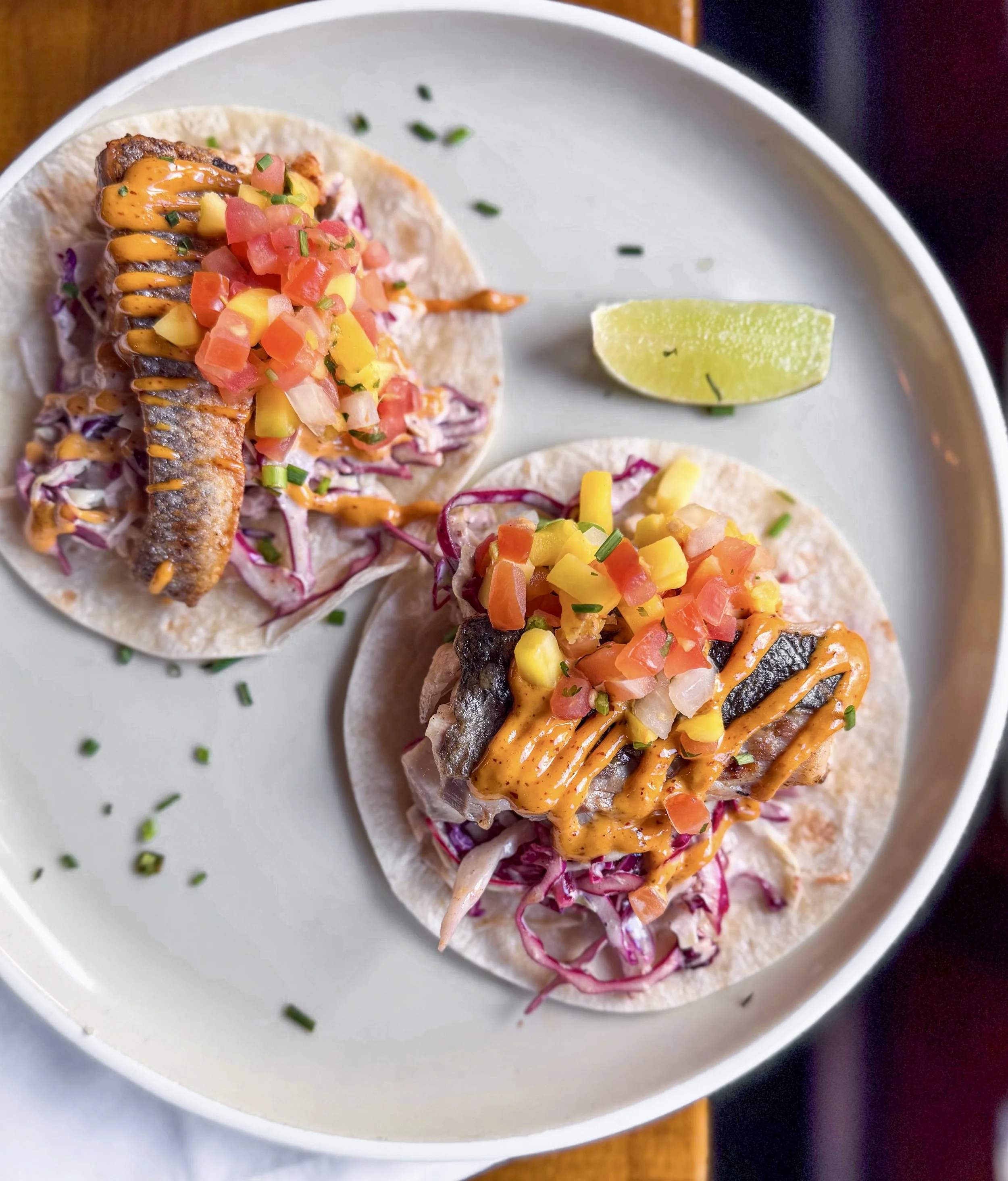 Scratch made Fish Tacos, Mango Pico, Horseradish Slaw